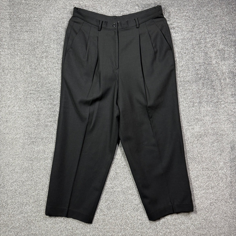 DKNY Pants Womens 12 Black 100% Wool Pleated High Rise Straight‎ Leg